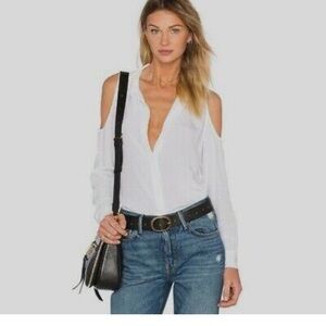 Equipment White Long Sleeve Open Cold Shoulder Button Down Blouse Top